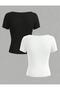 Women's 2-Piece Set Black-White Square-Neck Blouse & T-Shirt, Ribbed Stretch Fabric - 2
