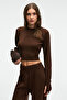 Mariposa Women's Round Neck Stripe Patterned Crop Wide Leg Knitwear Brown Bottom-Top Set - 2