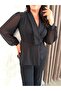 Women's Black Plus Size Jacket Collar Stone Detailed Long Sleeve Evening Dress Two Piece Set - 4