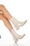 Beige Patent Leather Short Thick Heeled Pointed Toe Casual Boots - 3