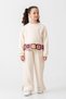 Girl's Cotton Ecru Patch Detailed Sweatshirt and Slit Wide-Leg Sweatpants Set