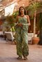 Green Color Floral Pattern Silk Pants Crop Kimono Set