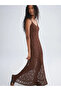 Brown U-Neck Embroidered Rope Strap Lace Dress - 5