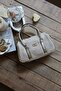 Women's Gold Double Stripe Straw Textured Daily Hand Shoulder Bag - 2