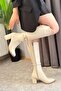 Women's Cream Single Buckle Side Zipper Below-The-Knee Boots - 4