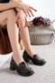 Women's Black Leather Thin Buckle Detailed 6 cm Heeled Lofer Shoes - 5