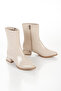 Beige Patent Leather Pointed Toe Short Thick Heeled Casual Boots - 3