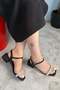 Women's Black Ankle Strap Stone Band 4 cm Short Classic Heel Shoes - 4