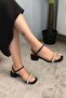 Women's Black Ankle Strap Stone Band 4 cm Short Classic Heel Shoes - 3