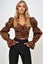 Women's Leopard Printed Princess Sleeve Front Ruched Heart Neckline Woven Fabric Blouse - 5