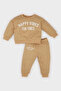 D7907 Beige Baby Boy 2-Piece Set Crew Neck Printed Sweatshirt Elastic Waist Sweatpants