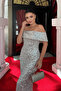 Sequin Fabric Boat Neck Pencil Dress - Beige - 3