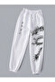 Dragon Detail Printed 3 Thread Flat Elastic Waist and Leg Thermal Lined White Jogger Sweatpants