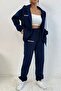 Sierra Nevada Winter Cardigan Sweatpants Bottom Top Set - Navy Blue Printed Zippered Hoodie