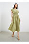 Solid Smocked Waist Round Neck Midi Dress - 2