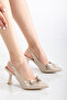 Beige Patent Leather Bow Detailed Open Back Thin Heeled Shoes - 6