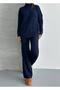 Women's Knitwear Set with Scarf, Braided Hair, Navy Blue Trousers and Top - 5
