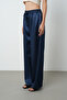 Women's Light Navy Blue Satin Wide Leg Elastic Waist Trousers - 2