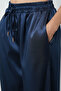 Women's Light Navy Blue Satin Wide Leg Elastic Waist Trousers - 4