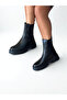 Black Leather Two Side Elastic Round Toe Thick Sole Women's Chelsea Boots - 3
