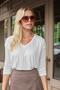 Women's Quality Modal Stretchy Fabric V-Neck Off-Shoulder Capri Three-Quarter Sleeve Lightweight Loose Blouse-Cream