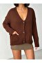 Women's Brown V-Neck Buttoned Pocketed Ribbed Knit Cardigan - 4