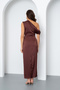 Women's Brown Slim Fit Degaje Collar Slit Satin Midi Dress - 5