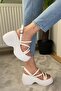 Women's White Piping Thick Sole Orthopedic Sandals K-3020 - 4