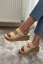 Women's Beige Double Strap Thick Cork Sole Orthopedic Sandals Slippers K-270