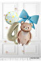 4 Years Old Caramel Retro Bear - Cream Number Balloon - Blue Bow Foil Balloon - Gold Blue Patterned Balloon