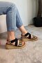 Women's Black Straw Detailed Elastic Thick Cork Sole Orthopedic Sandals K-220 - 3