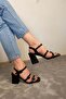 Women's Black Leather Three Buckle 9 cm Thick Heeled Shoes - 3