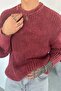 Burgundy Acid Wash Ribbed Oversize Knit Sweater - 4