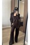 Brown Thick Fabric Lined 3-Piece Women's Set – Modern Jacket & Pants & Strapless Top - 4