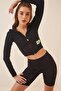 Women's Vivid Black Hooded Zippered Crop Sweatshirt YK00011 - 3