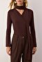 Kahverengi Şal Detaylı Fitted/Vücuda Oturan Çıtçıtlı Esnek Örme Body TWOAW26BD00007 - 3