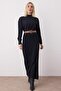 Black Plain Midi Slit Detail Belted Knitwear Long Dress Twoaw26El00098 - 2