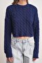6863 Women's Braided Crop Knitwear Sweater Navy Blue - 4