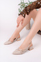 Leiria Model Buckle Detailed Beige Patent Leather Open Back Pointed Toe Square Heeled Ballerina Women's Shoes - 4