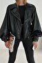 Velisse Oversized Women's Black Balloon Sleeve Bomber Leather Jacket