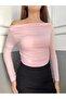 New Arrival Women's Pink Off Shoulder Shirring Detail Viscose Fabric Long Sleeve Blouse 0024 - 4
