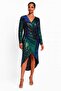 Women Plus Size Green Sequin Detailed Lined Long Sleeve Evening Dress 65N38849