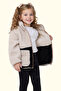 Girl's Plush Ecru Black Zippered Welsoft Winter Coat