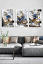 Blue White Flowers Gold Leaf Detailed 3 Piece Silver Plexiglass Mirrored Framed Painting - 4