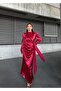 Side Tie Pleat Detailed Satin Evening Dress Red 583236