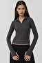 Zippered Long Sleeve Ribbed Polo Active Top