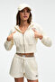 Elara Women's Metal Zipper Embroidered Hooded Crop Ecru Sweatshirt - 3
