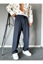 Baggy Fit Pleated Pipe-Cut Navy Blue Trousers - 3