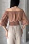 Women's Madonna Collar Waist Gimped Spanish Sleeve Crop Blouse Camel - 4