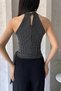 Women's Halter Neck Sleeveless Lacing Detailed Glitter Blouse Black - 6